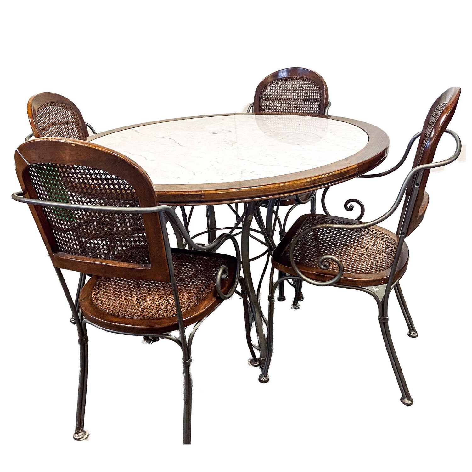 Drexel Heritage Wood Metal & Marble Table + Four Wicker Back Chairs