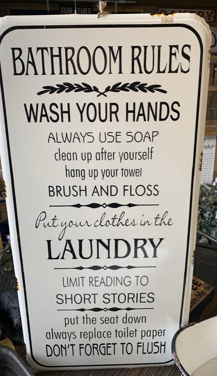 LARGE Bathroom Rules Enamel Sign
