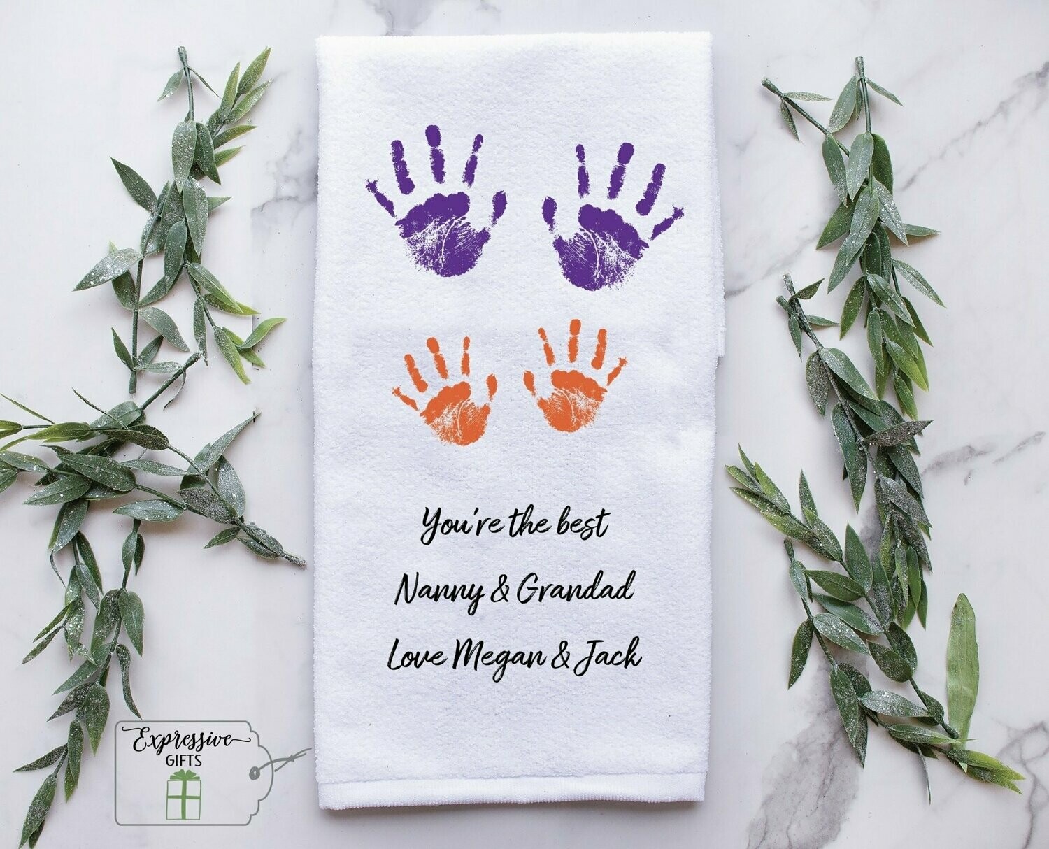 Kids handprint and footprint tea towel