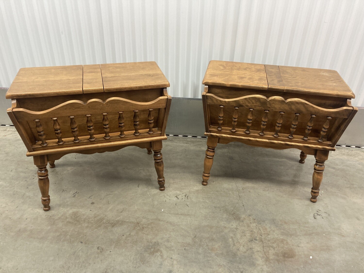 Matching Vintage Maple End Tables, flip up storage 2324