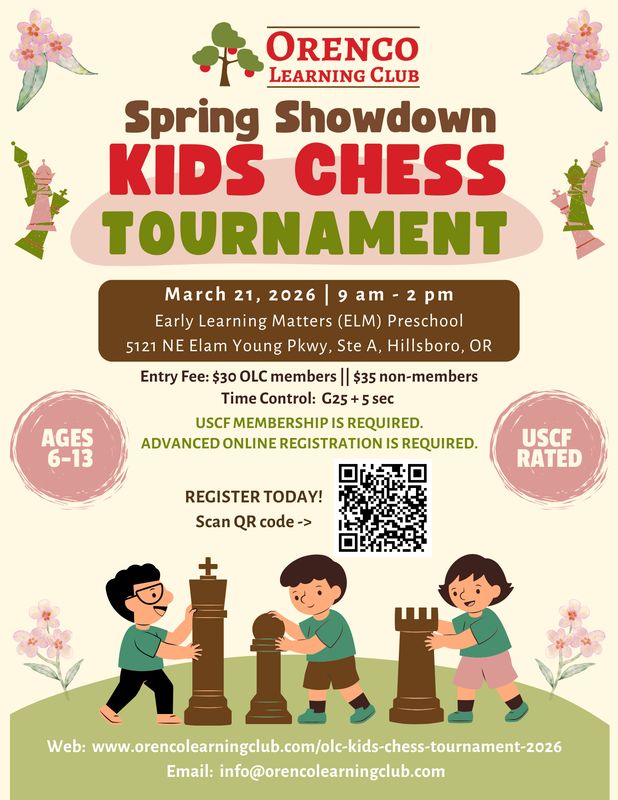 OLC Kids Chess Tournament Fee For OLC Kids Chess Club members ($30)