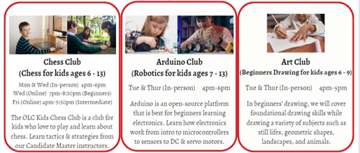 OLC Chess or Arduino Clubs (One Day A Week)(Sibling Discount) - $150/month for 2 kids OLC Chess or Arduino Clubs (One Day A Week)(Sibling Discount) - $150/month for 2 kids