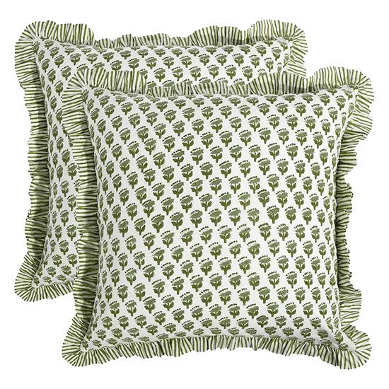 Green Floral Ruffle Pillow Cover