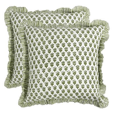 Green Floral Ruffle Pillow Cover