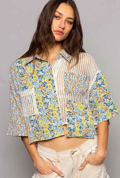 Cream/Blue Floral Top