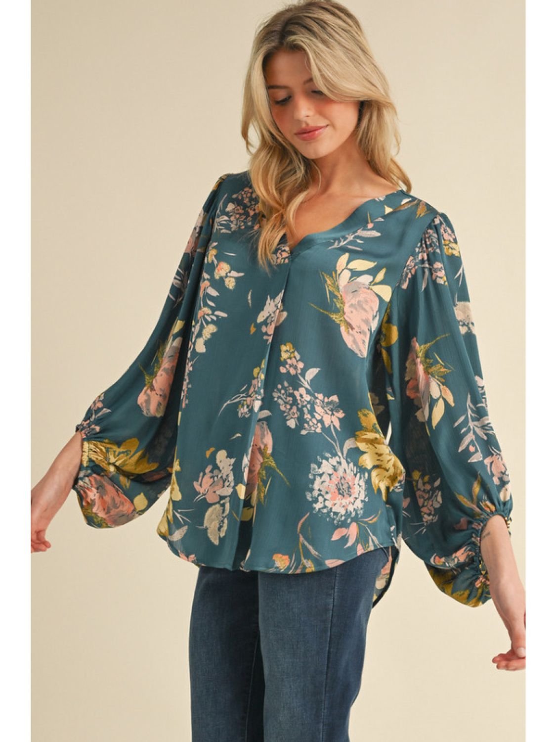 Floral Bubble Sleeve Satin Top Floral Bubble Sleeve Satin Top