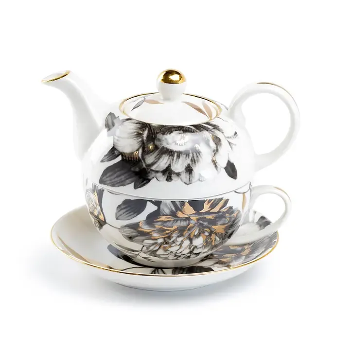 Black &amp; Gold Peony Tea For One Set