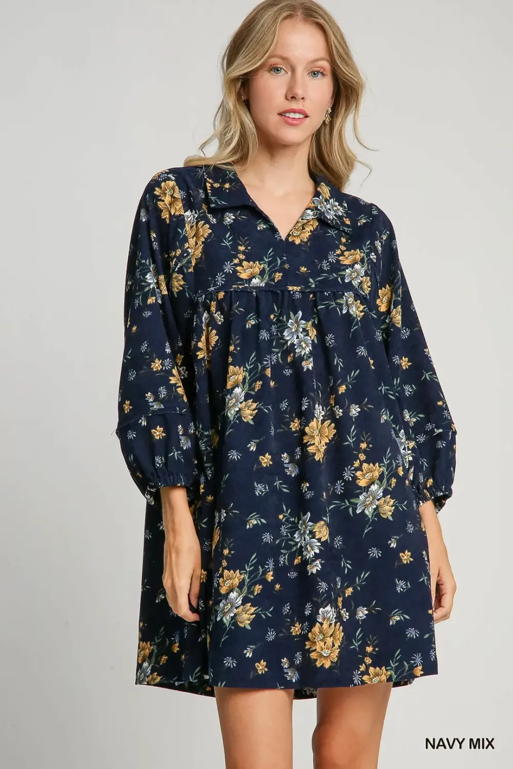 Floral Print Corduroy Dress - Navy