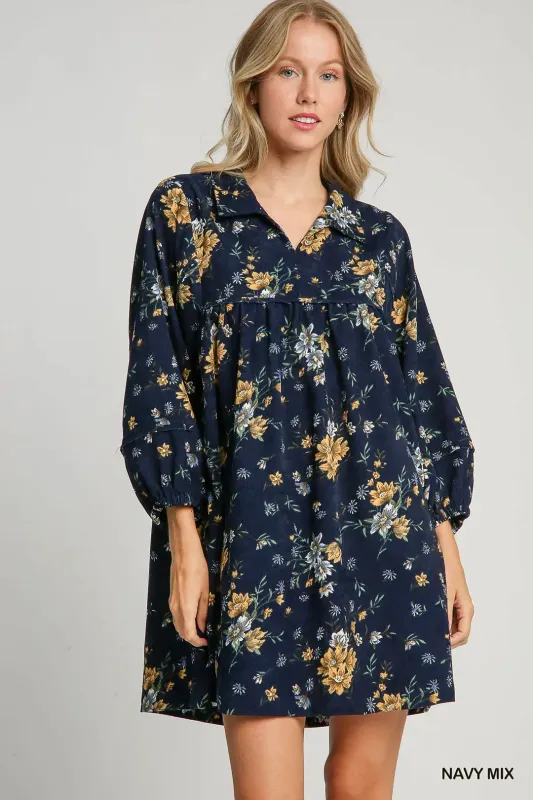 Floral Print Corduroy Dress - Navy