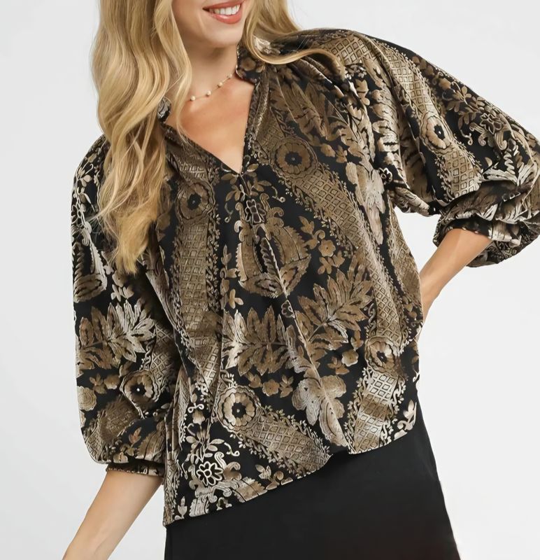 Damask Velvet Split Neck Blouse Damask Velvet Split Neck Blouse