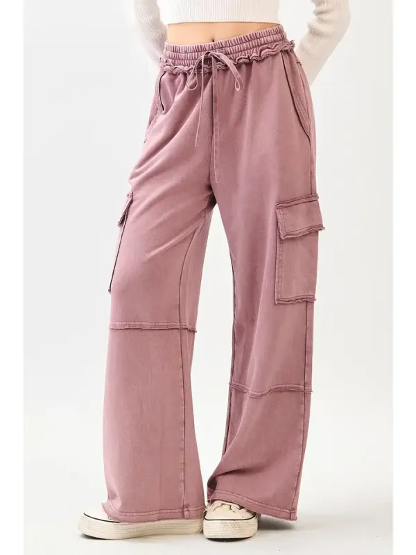 Faded Plum Mineral Wash Wide Leg Pants