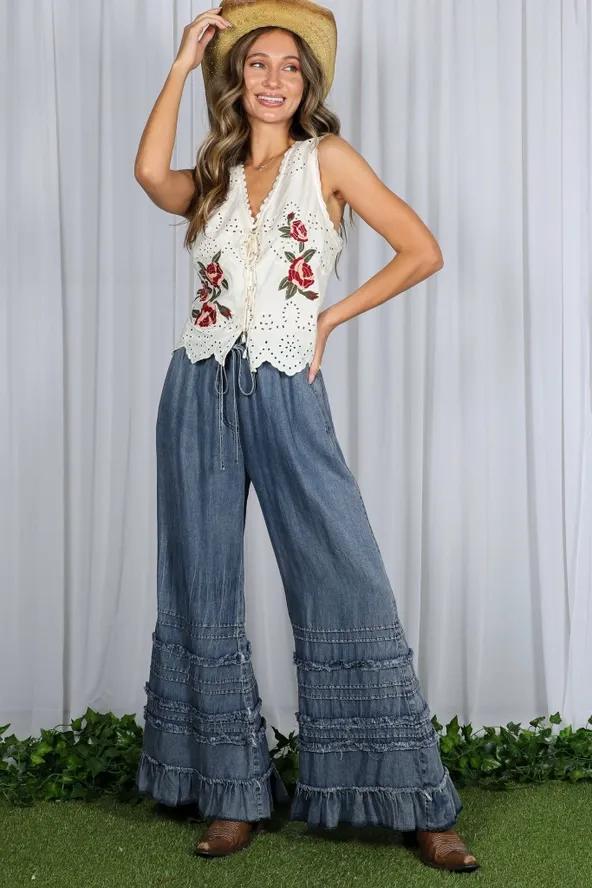 Ruffle Chambray Crop Denim Pants