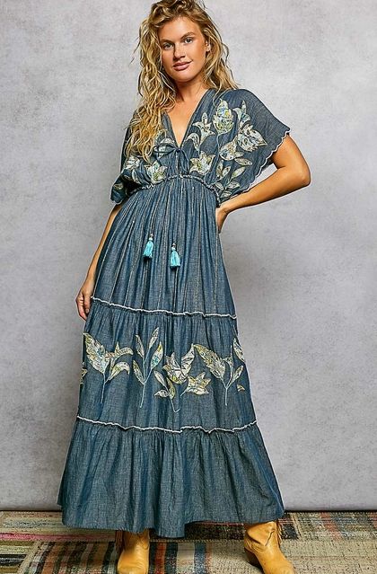 Embroidered Denim Maxi Dress