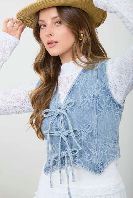 Floral Washed Denim Vest Floral Washed Denim Vest