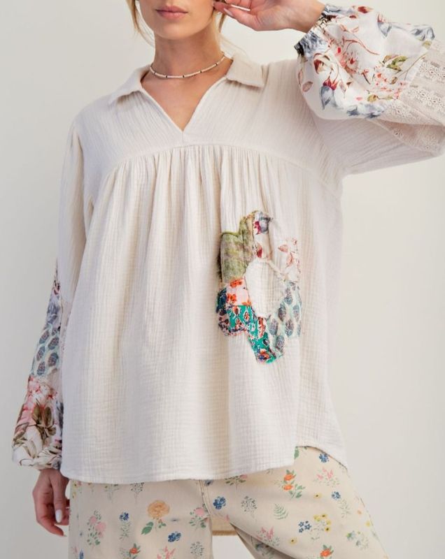 Ecru Mix Flower Patch Blouse Ecru Mix Flower Patch Blouse