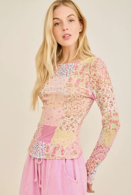 Spring Picnic Patch Mesh Top Spring Picnic Patch Mesh Top
