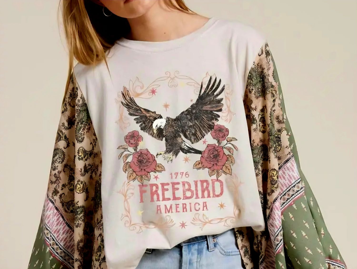 Free Bird Graphic Kantha Sleeve Top Free Bird Graphic Kantha Sleeve Top