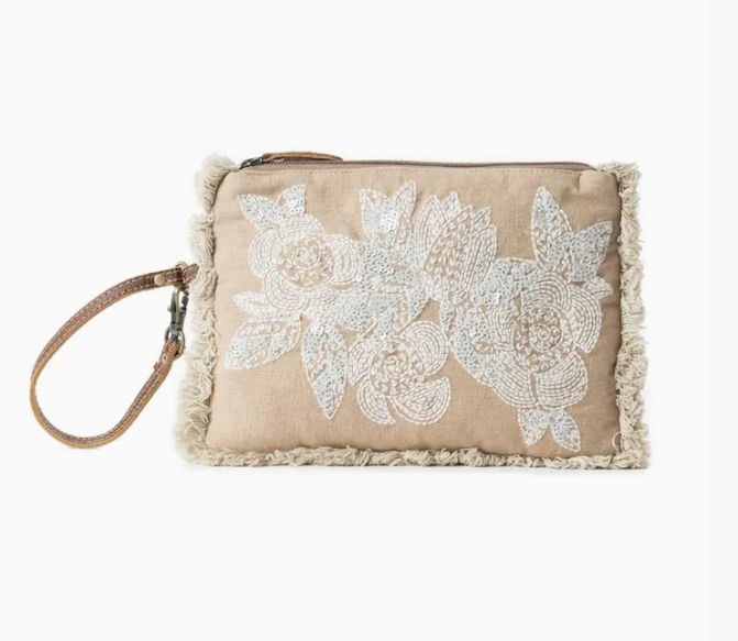 Meadow Lace Embroidered Pouch -Ivory Bloom