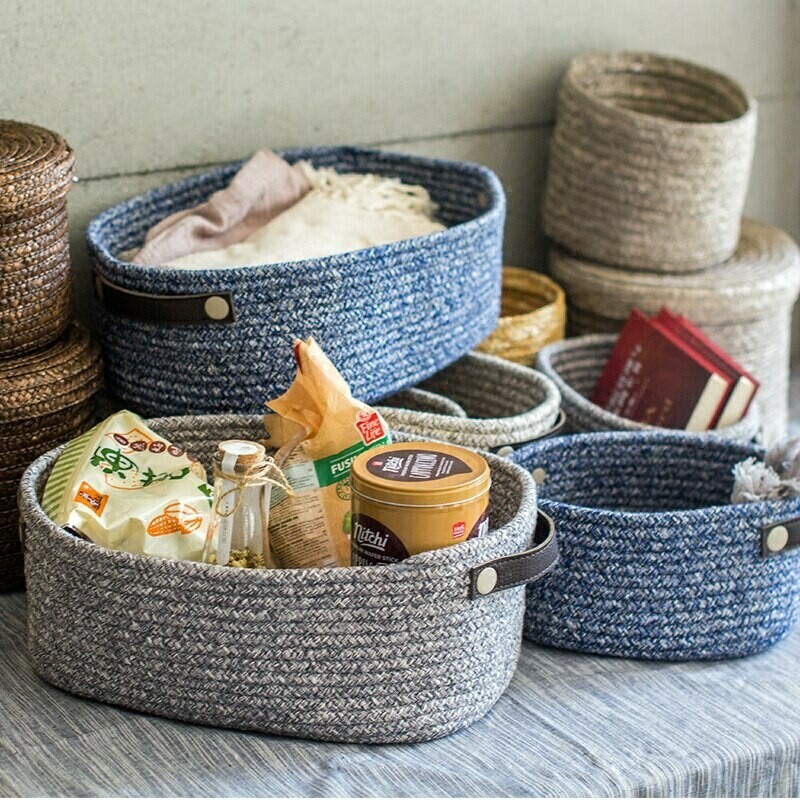 Cesta mediana de algodón tejido con agarraderas para almacenamiento