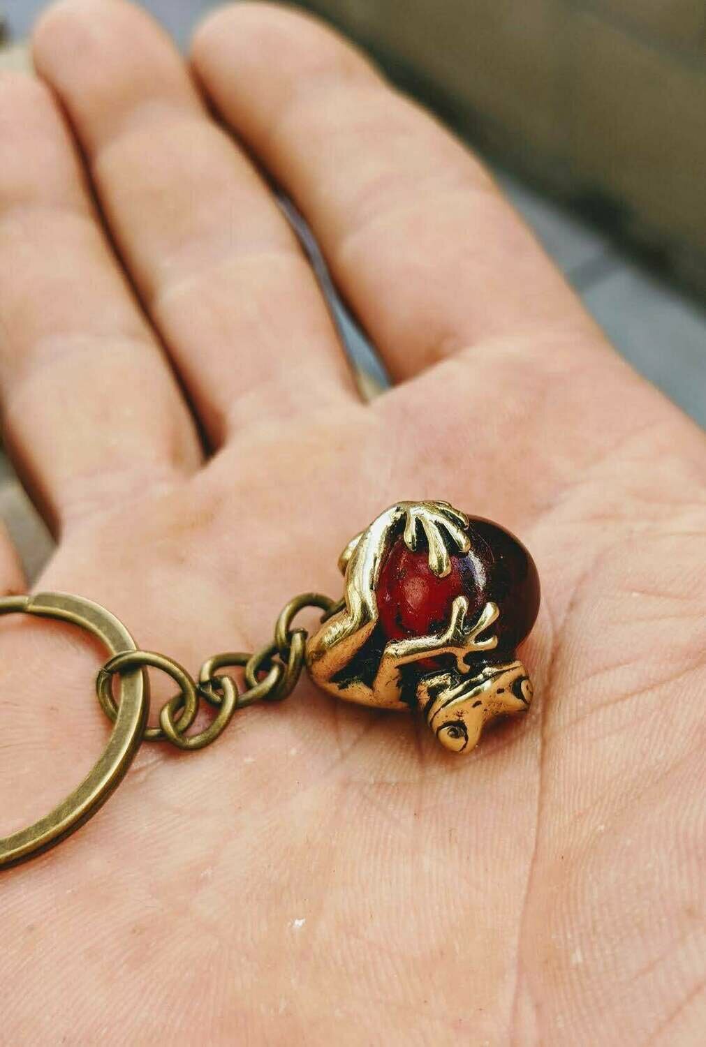 Frog Keychain With A Ball Pure Brass Handmade Keychain Frog Trinket