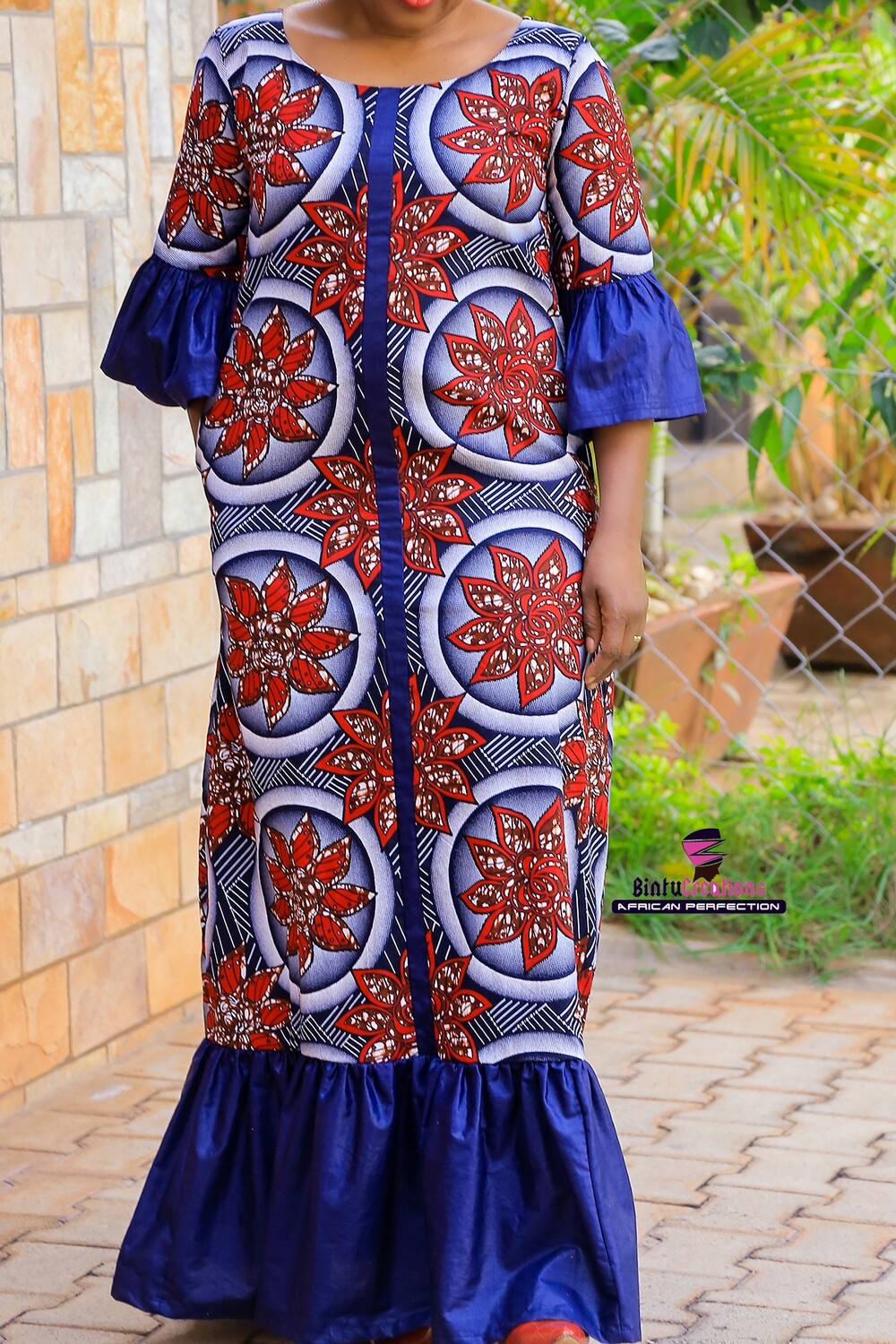 Navy Blue/Red Ankara Dress with touch of woodin