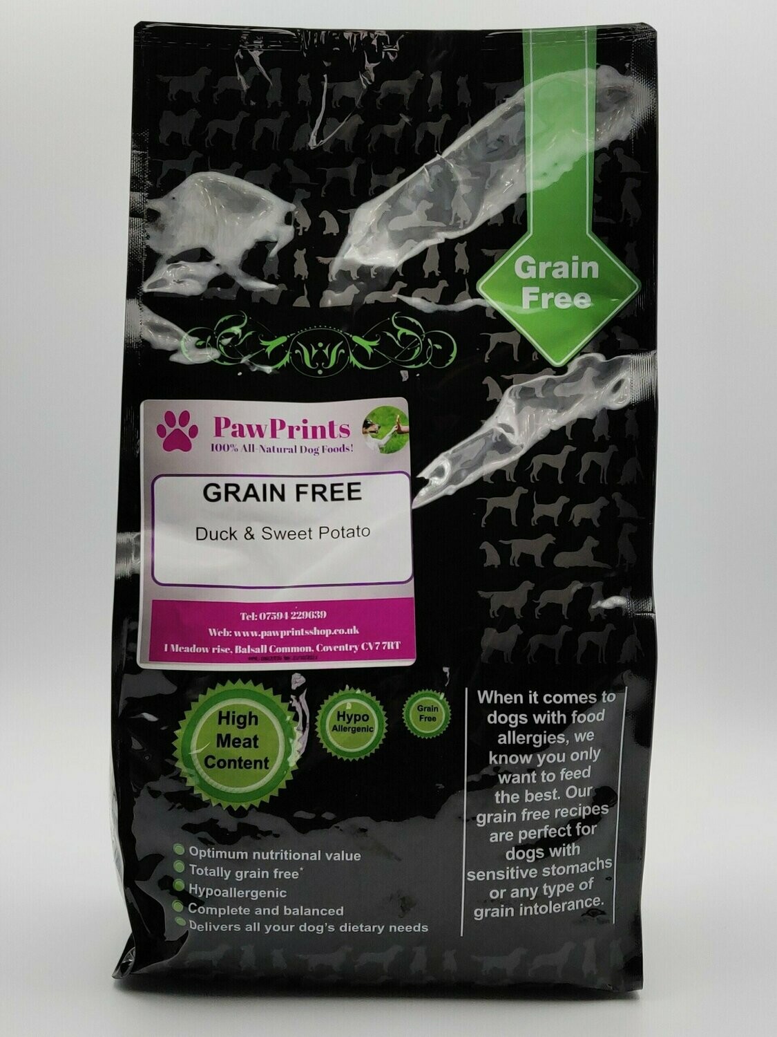 PawPrints Premium Grain Free Duck & Sweet Potato Dry Dog Food 12kg bag Special Order Item