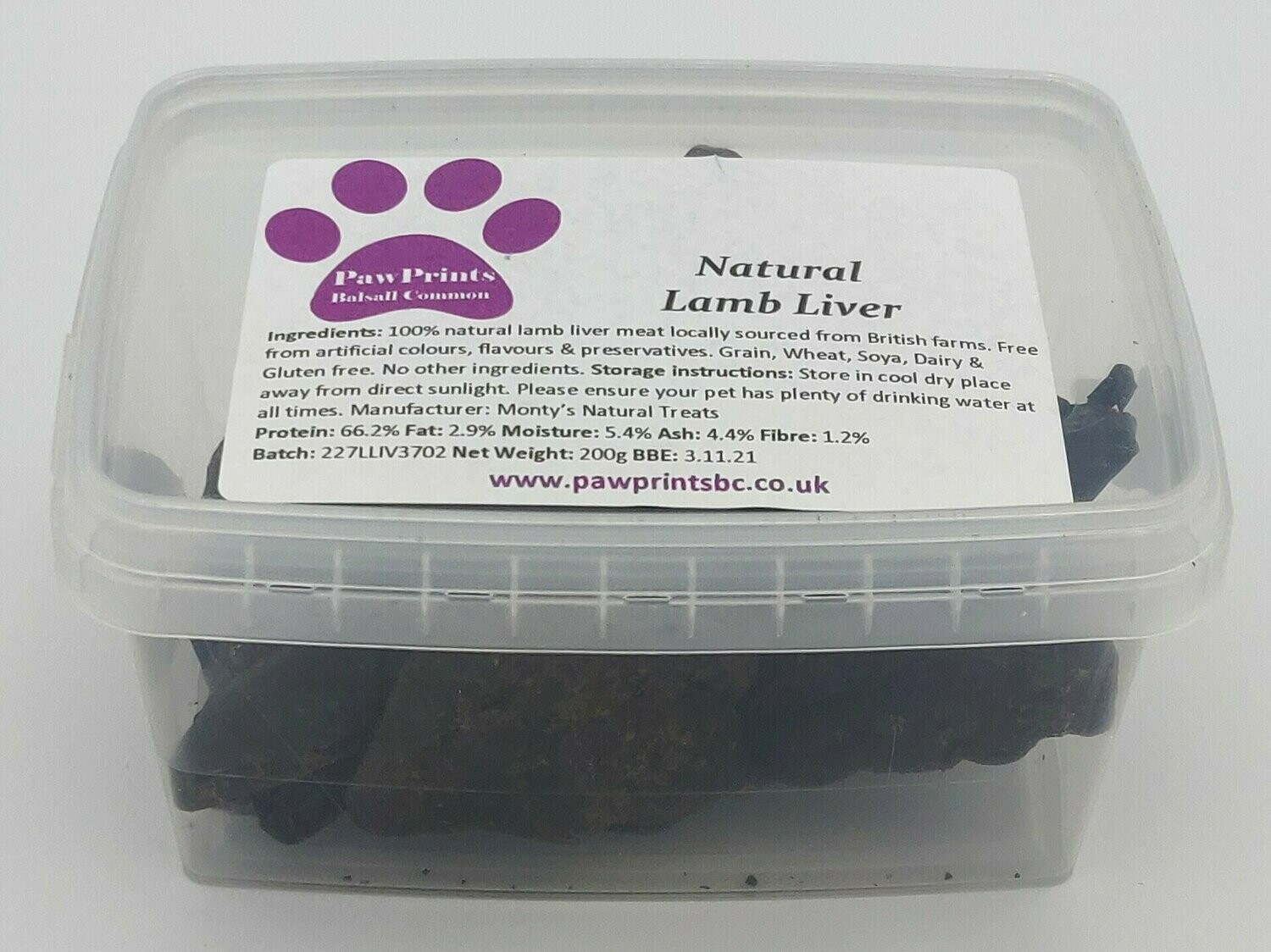 PawPrints 100 Natural Lamb Liver Dog Treats 200g Tub