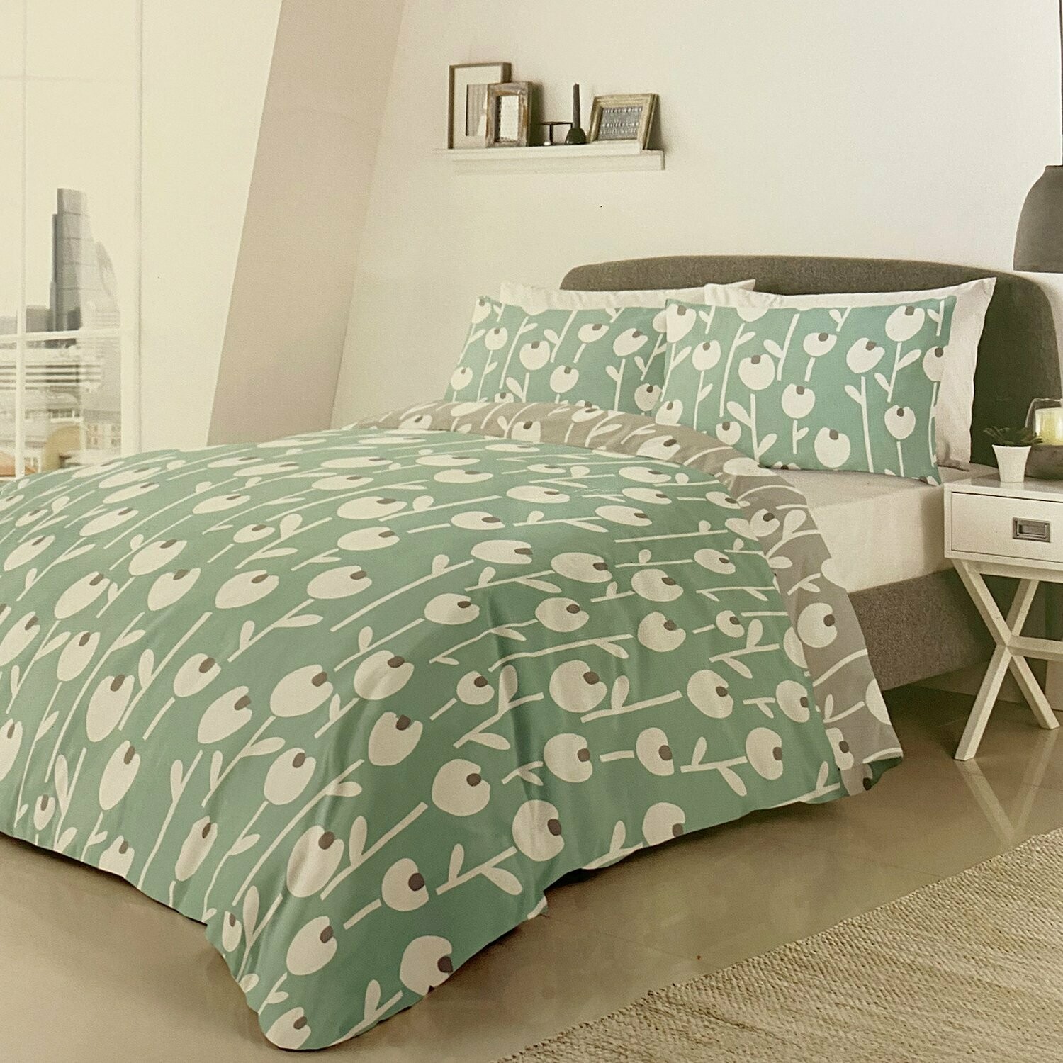 Quality double duvet set mint/grey, reversible