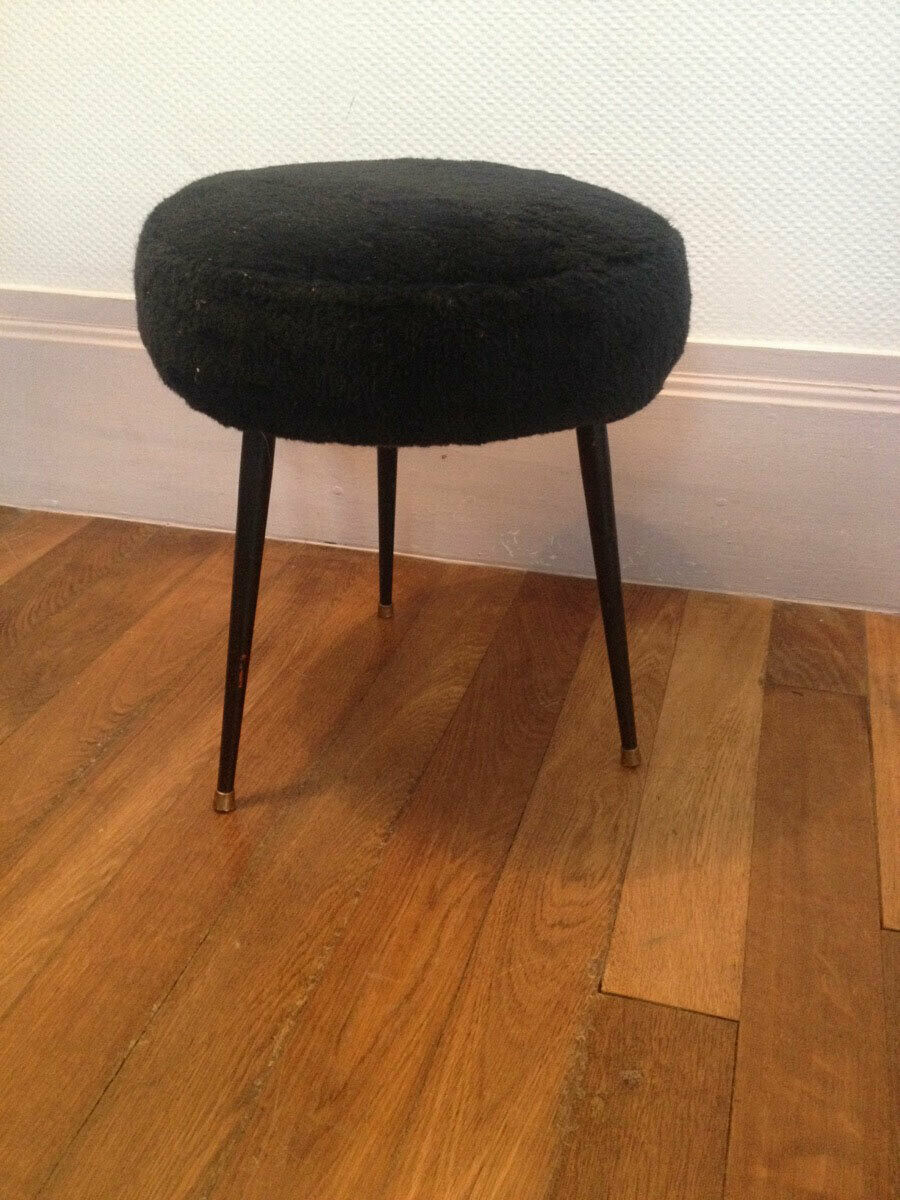Pouf moumoute vintage noir, 1970