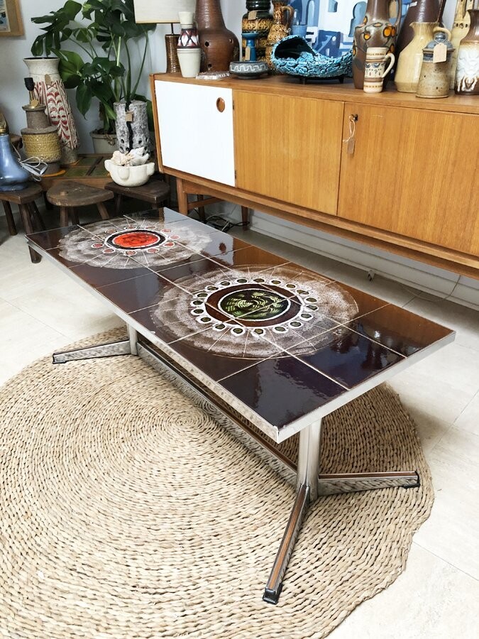 Table Basse Vintage Années 70 – Plateau Verre, Piètement Chrome, Forme Ovale, Noir