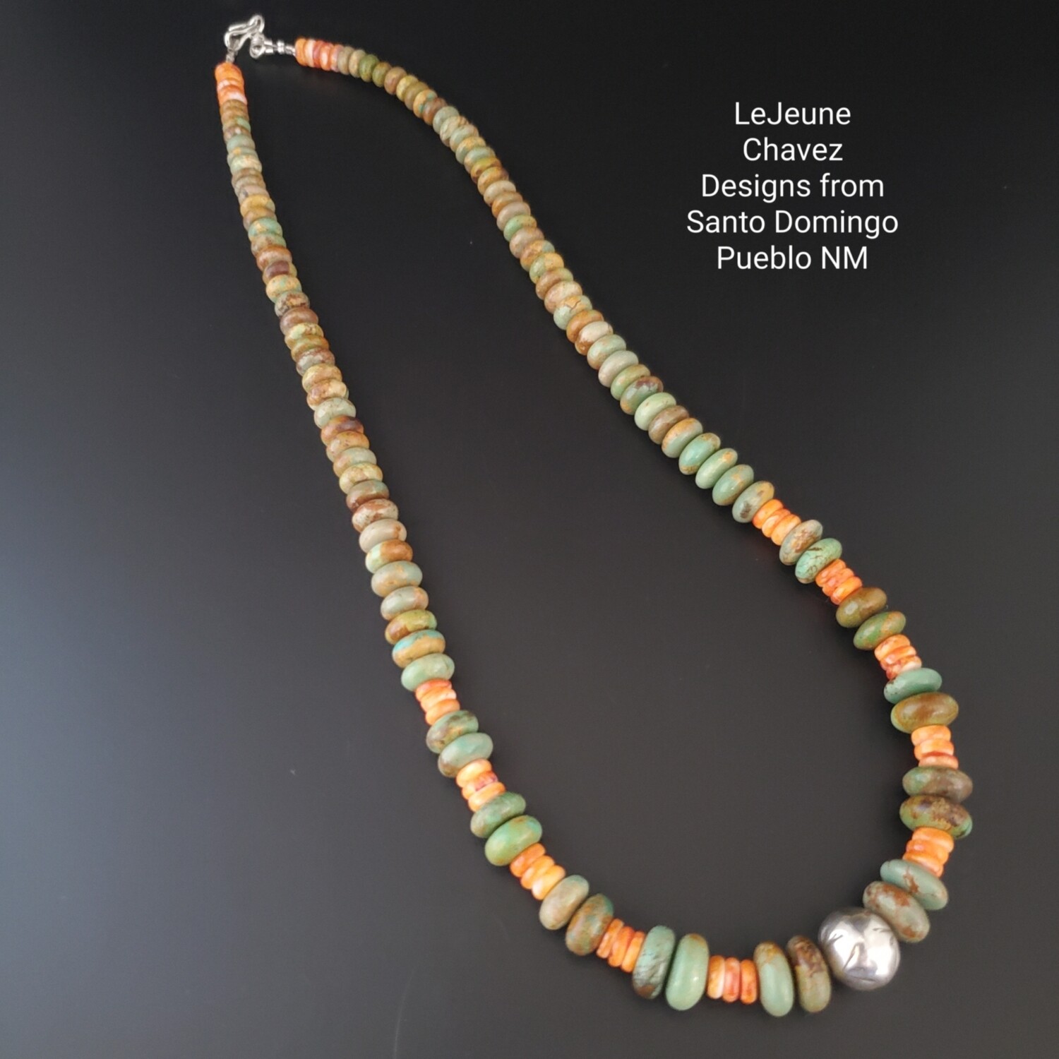 Santo Domingo Pueblo Necklace with Green Turquoise and Spiney Oyster