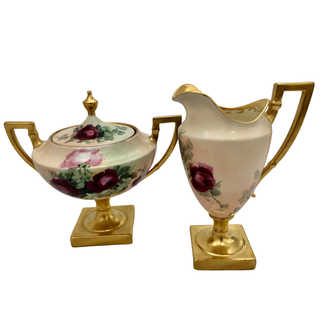 BELLEEK HandPainted Antique Rose Creamer and Sugar Bowl Set with Gold Accents