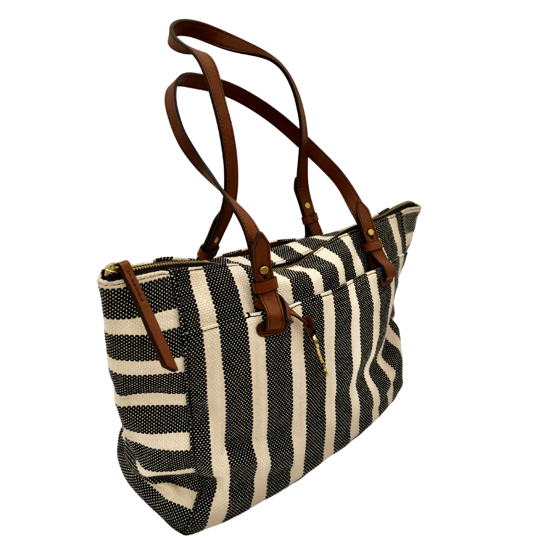 Fossil Black And White Striped Tote With Leather Straps