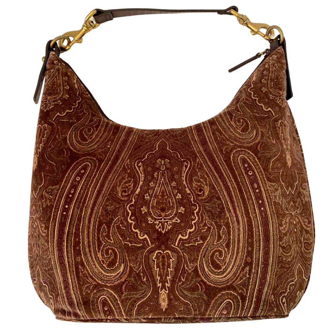 Ralph Lauren Brown Paisley Velvet Handbag with Brass and Leather Strap