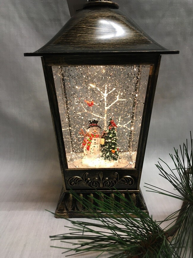 Water Lantern with Snowman and Christmas Tree Bronze LED Lights up