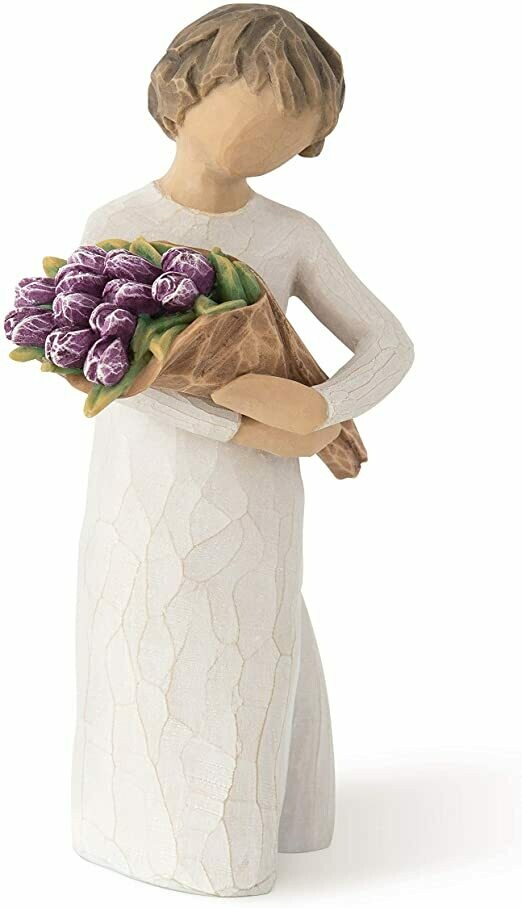 Willow Tree Surprise Child Holding Bouquet of Purple Tulips