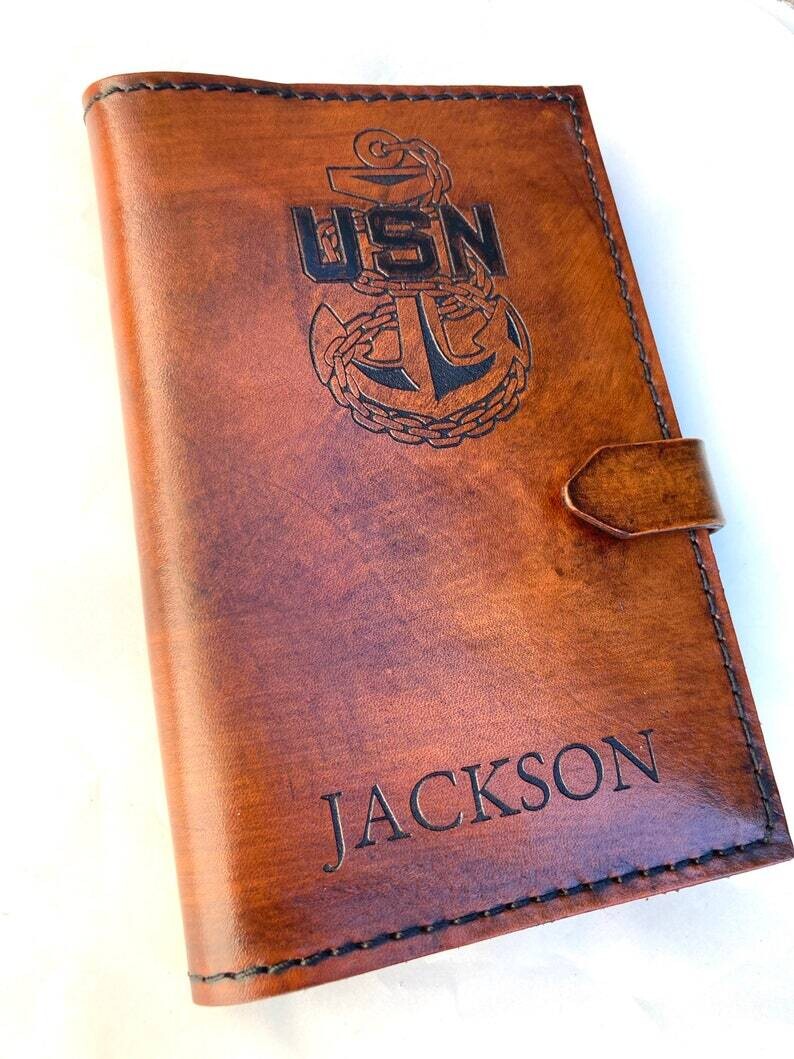 Single Anchor, Navy Chief Leather Journal Cover, Log Book, Personalized