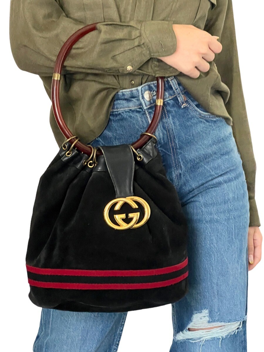 GUCCI VINTAGE BLACK SUEDE LEATHER RING HANDLE BUCKET BAG LARGE SIZE!