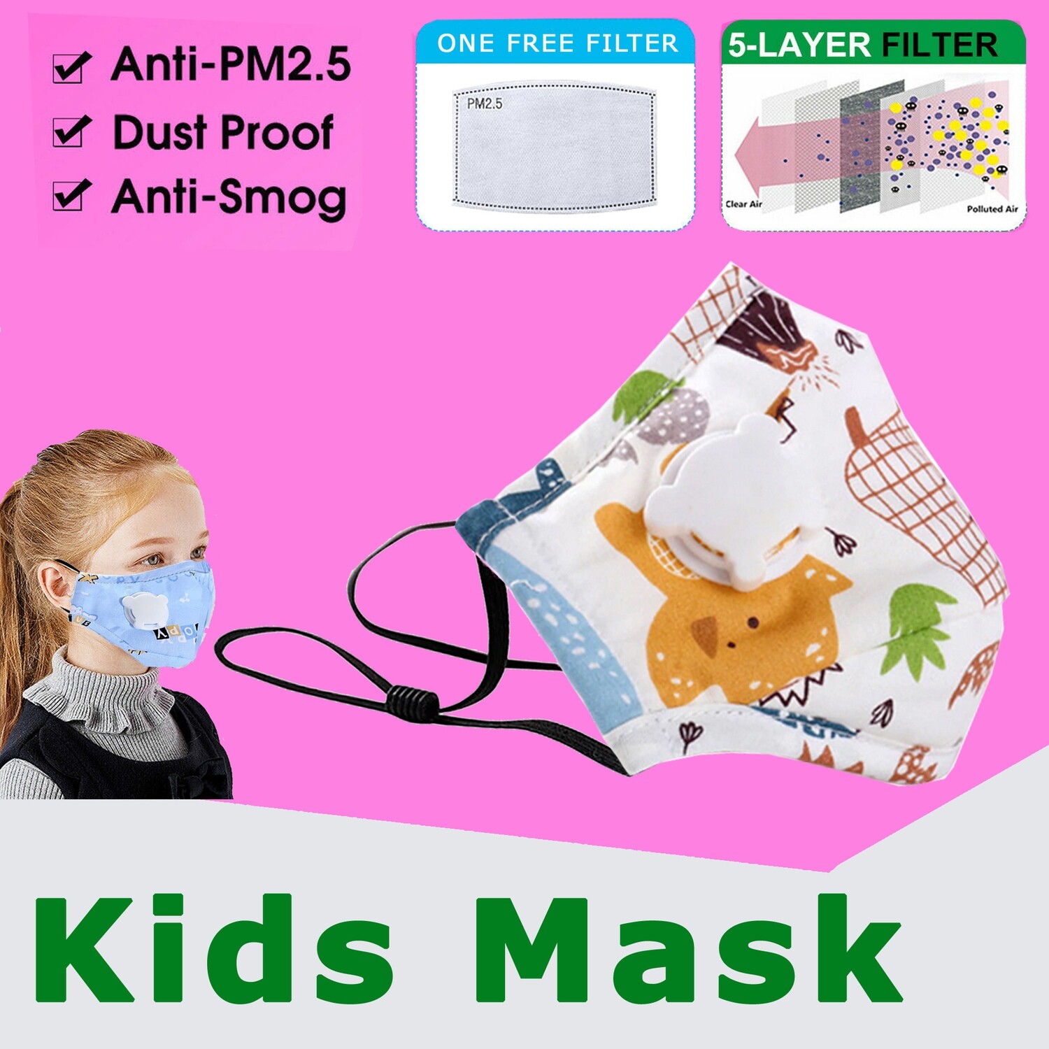 Baby/kids protective Face Mask with breath valve, White