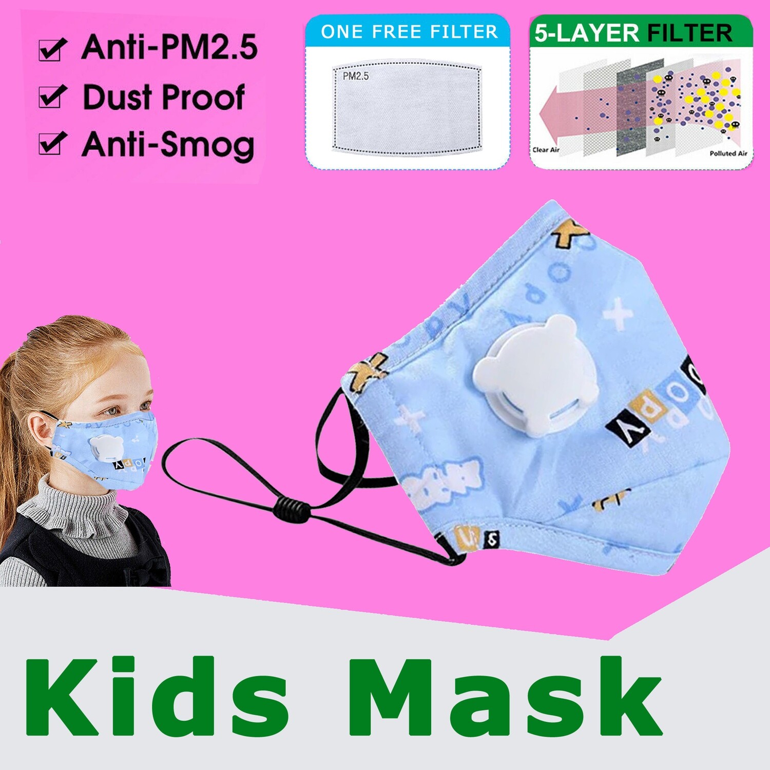 Baby/kids protective Face Mask with breath valve, Blue