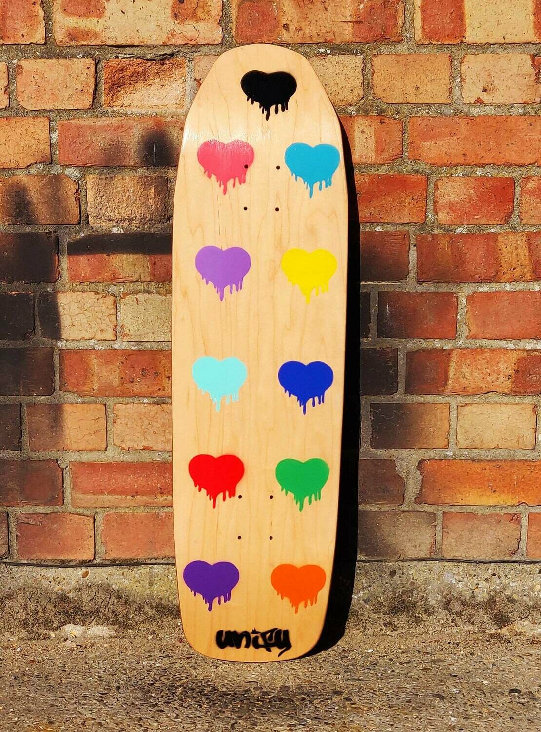 Dripping Hearts MultiColoured on Natural Wood Skateboard Deck 2
