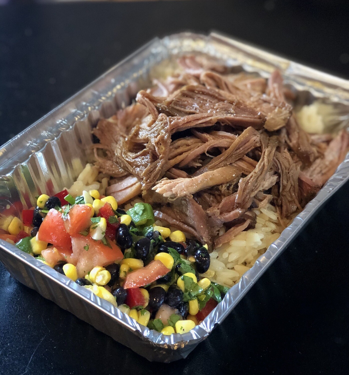 Pulled Pork Carnitas Over Rice w/Black Bean Salad
