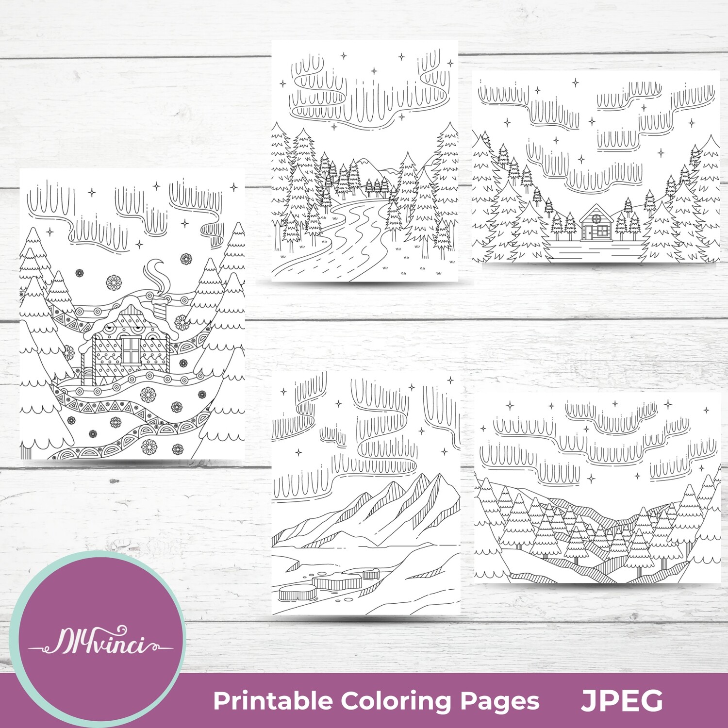 5 Northern Lights Printable Coloring Pages JPEG Personal and