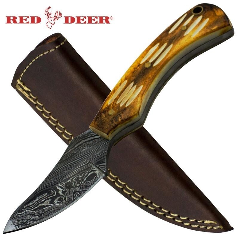 Red Deer Damascus Full Tang Bright Brown Skinny Animal Bone Hunting Knife