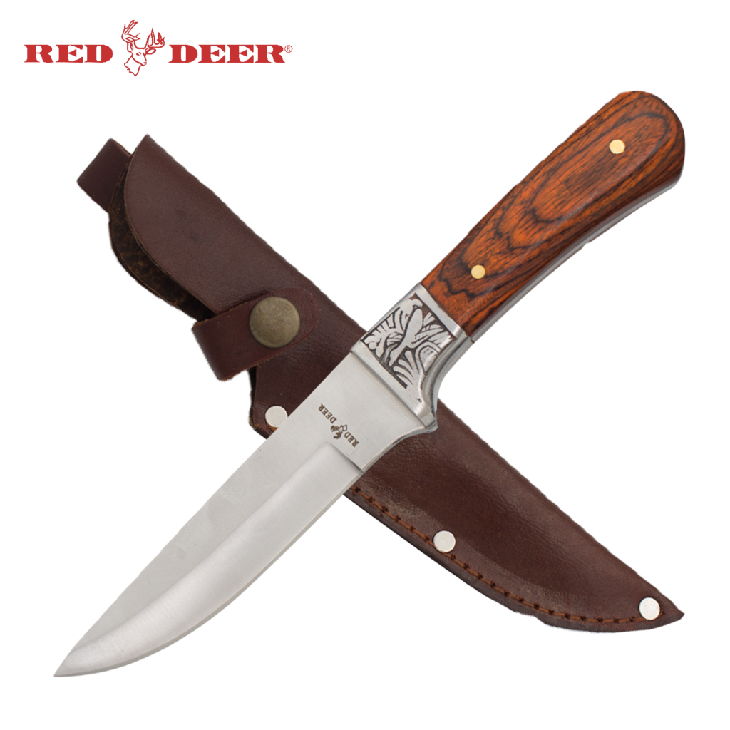 10 Inch Red Deer Hunting Knife Wood Handle and Duck Engraving