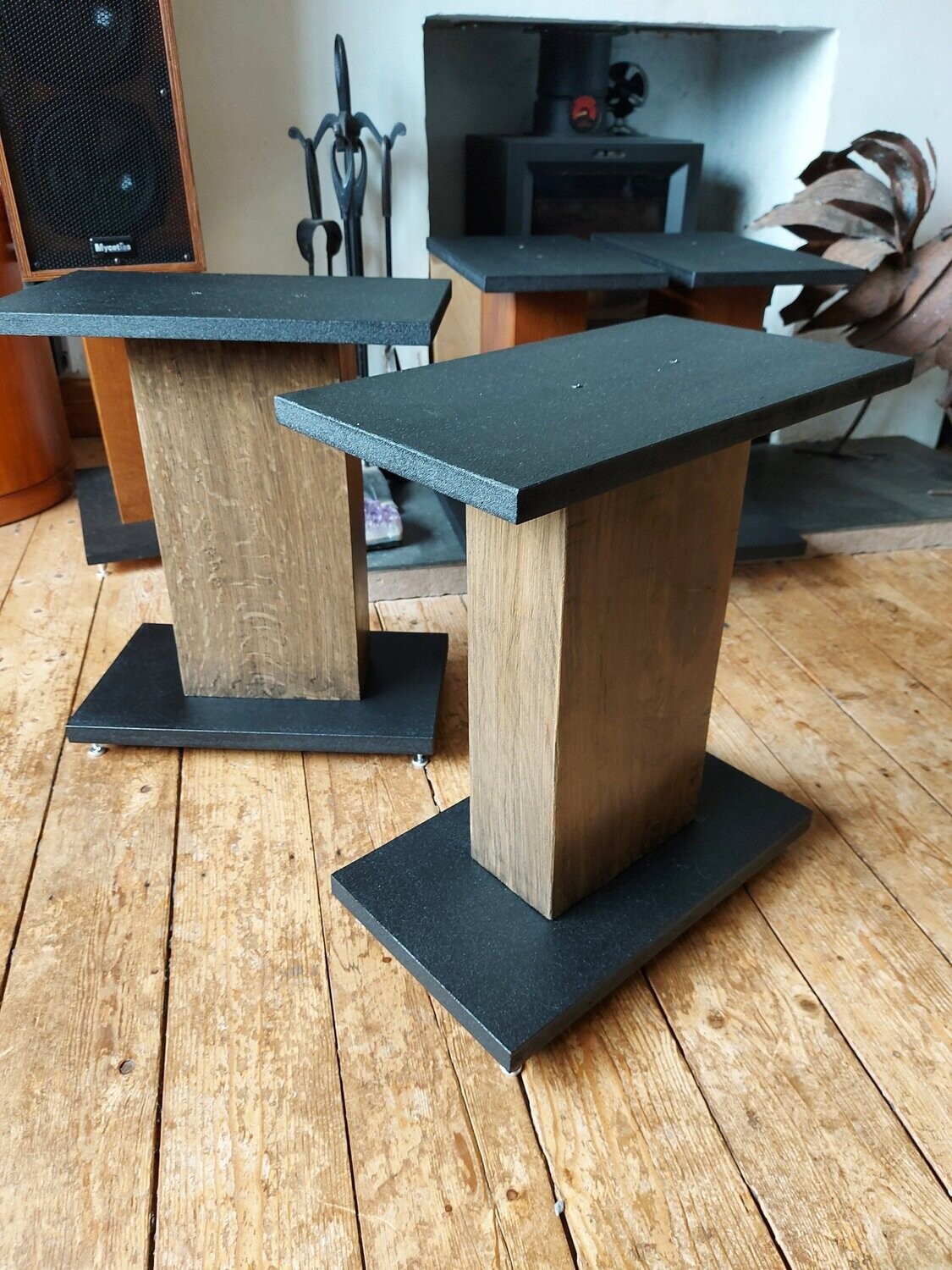 Mycetias speaker stands / driftwood oak uppers. Price per pair