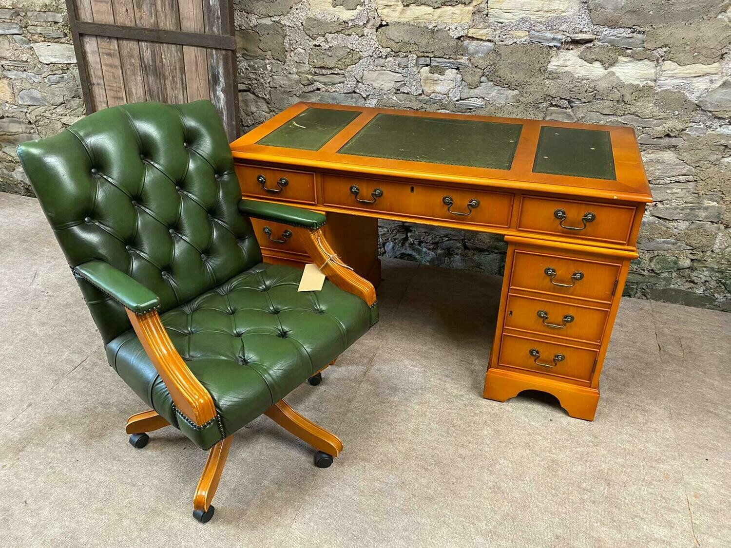 Yew Captains Desk with Green Leather Inlay