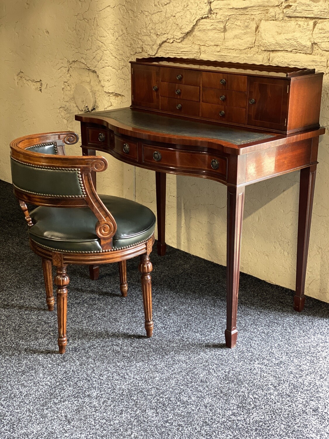 Yew Captains Desk with Green Leather Inlay