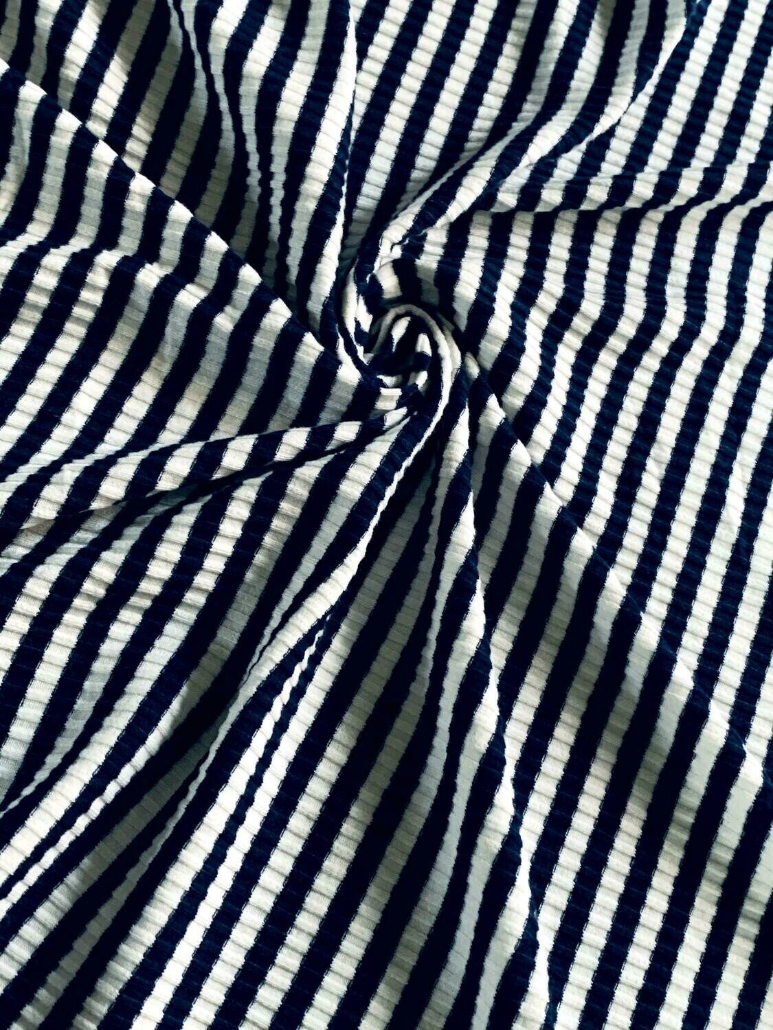 White & Navy, Stripes Ribbed Cotton Jersey Knit, 180gsm 136cm Wide