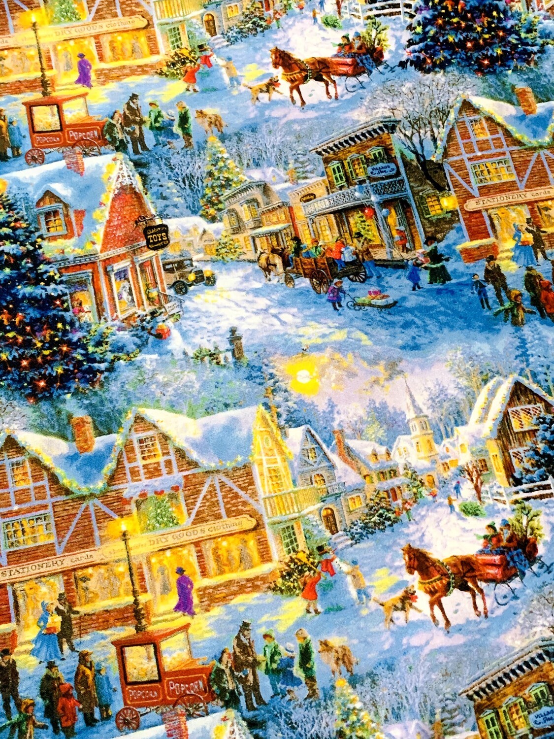 Winter Village Quilting Cotton 112cm wide Winter village scene patchwork lap quilt quilted throw or